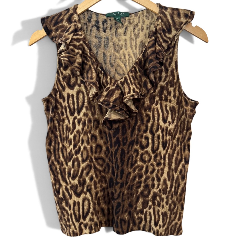 VTG y2k Lauren Ralph Lauren Tank Top Medium Leopard Print Ruffle V-Neck Cotton